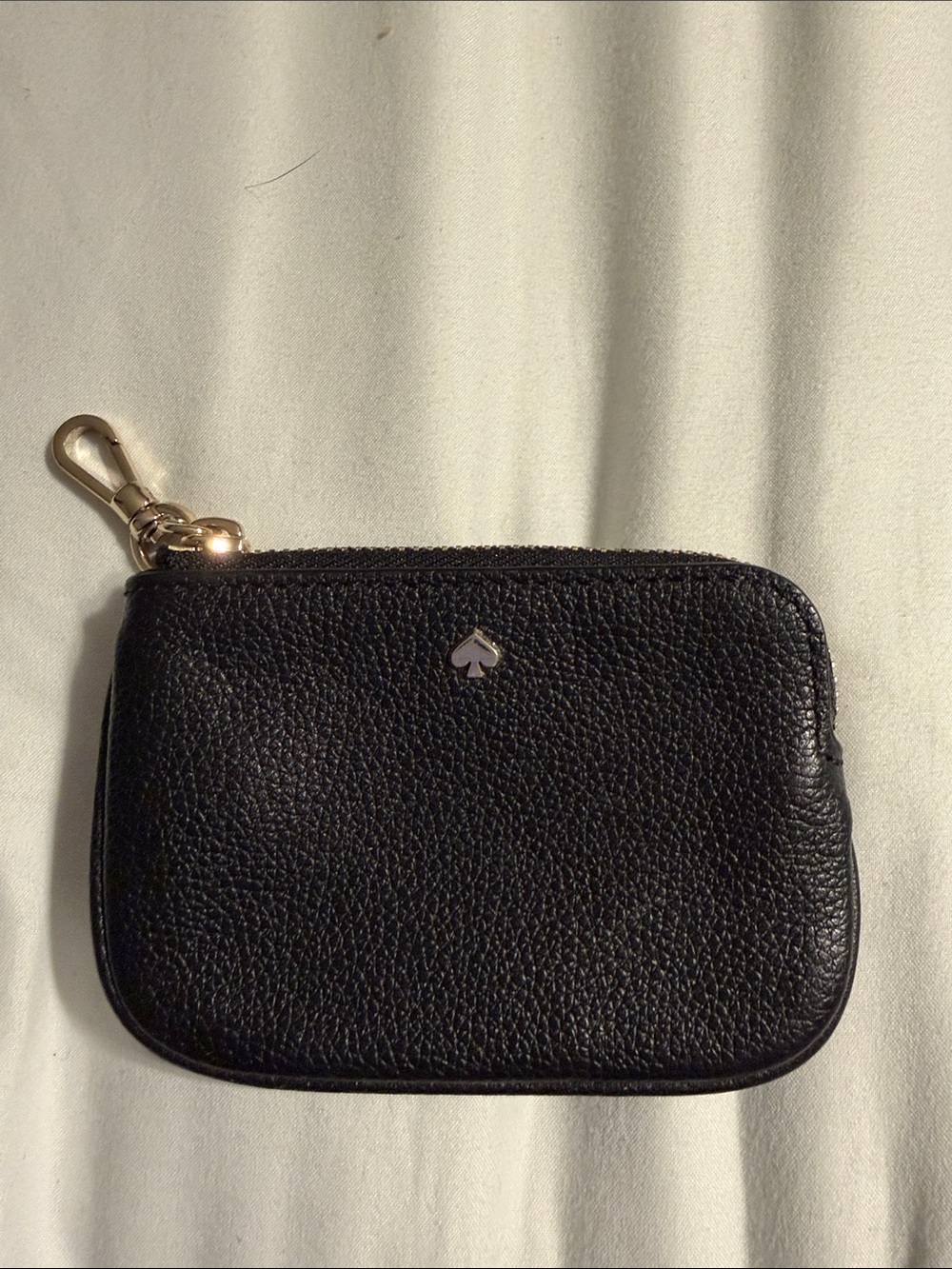 kate spade Black Pebbled Leather Zip Key & Card Pouch with Gold Clip